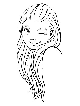 微笑,女孩,线条,卡通,插画,漂亮,眨眼