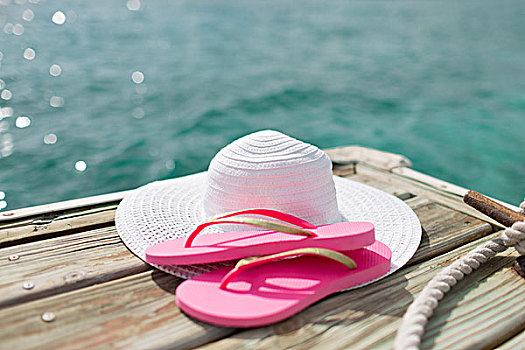 海滩,夏天,假期,配饰,概念,特写,帽子,拖鞋,海边