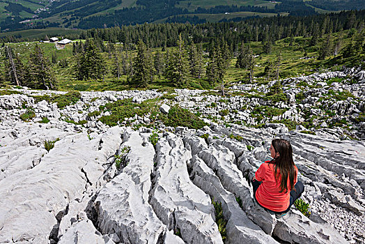 女人,远足,喀斯特地貌,地点,风景,生物保护区,entlebuch,瑞士