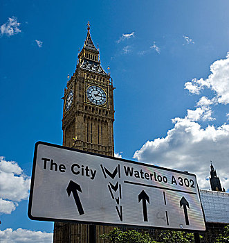 英格兰,伦敦,威斯敏斯特,交通标志,方向,城市,滑铁卢,路边,仰视,大本钟