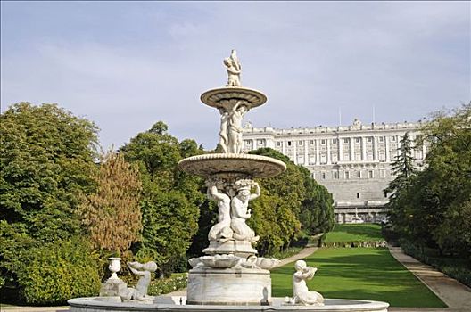 喷泉,公园,马德里皇宫,宫殿,马德里,西班牙,欧洲