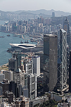 摩天大楼,汇丰,中银大厦,展示,中心,市中心,风景,顶峰,太平山,香港岛,香港,中国,亚洲