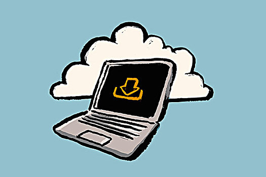 插画,笔记本电脑,下载,标识,云,蓝色背景
