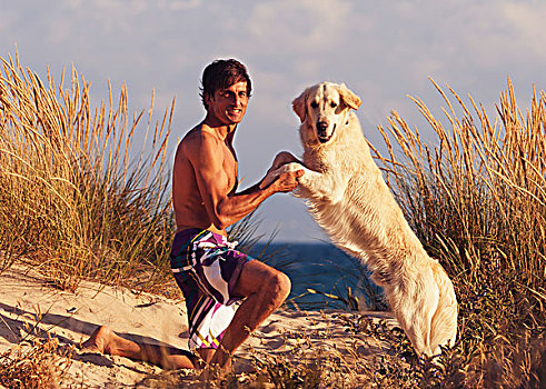一个,男人,金毛猎犬,海滩,安达卢西亚,西班牙