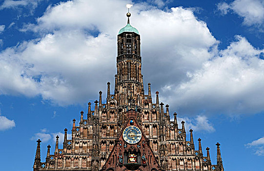 山墙,钟乐器,角塔,钟表,圣母教堂,教堂,我们,女士,哥特式,纽伦堡,中弗兰肯,德国,欧洲