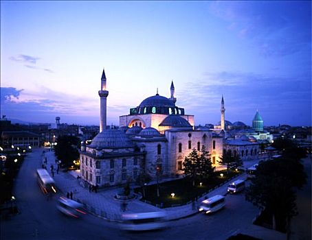 土耳其,中安那托利亚,科尼亚,夜晚,塞利米耶清真寺,陵墓