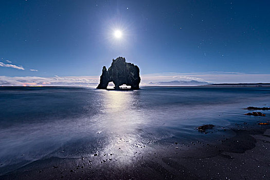冰岛,月亮,夜晚,星,石头,海洋,海浪,暗色,蓝色