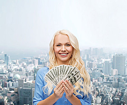 金融,人,概念,微笑,女人,红裙,美元,钱,上方,城市,背景
