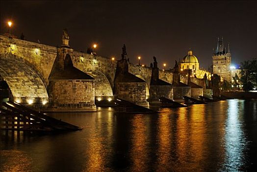 傍晚,查理大桥,伏尔塔瓦河,世界遗产,布拉格,捷克共和国,欧洲