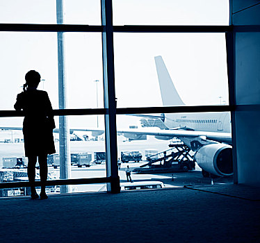 女人,站立,靠近,机场,窗户,等待,飞行,离开