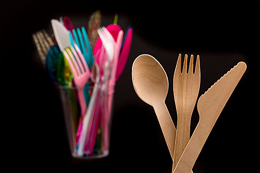 一次性用品,木质,餐具,再循环,塑料制品,刀,叉子,勺子,垃圾,多样,彩色
