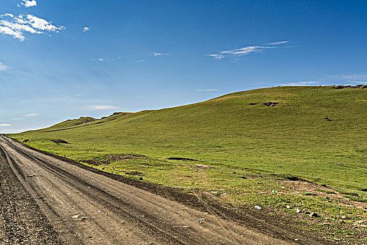 蓝天白云下山坡草原砂石地面汽车背景