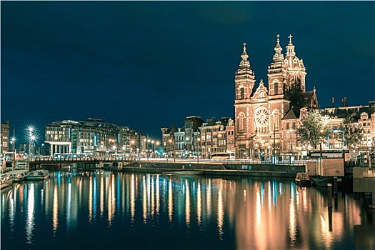 夜晚,阿姆斯特丹,运河,大教堂,圣诞老人