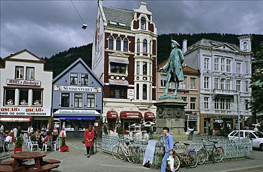 挪威,霍达兰,卑尔根,路人,广场,建筑,背景