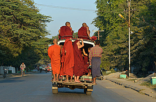 僧侣,背影,卡车,缅甸,亚洲