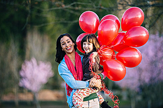 年轻,女人,头像,女儿,束,红色,气球,公园