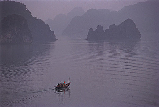 越南,下龙湾,孤单,渔船