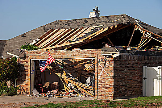 美国国旗,家,损坏,龙卷风,俄克拉荷马,美国