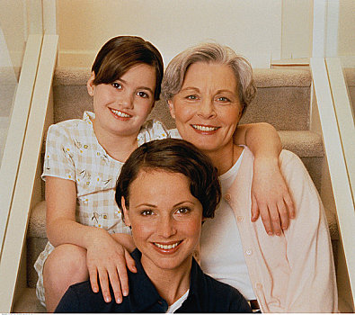 肖像,祖母,母女,坐,楼梯