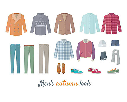 秋天,看,衣服,外套,男人,鞋,配饰,冬天,收集,时髦,时尚,最好,世界,商标,矢量,风格,设计