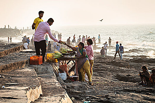 食品摊,海滩,散步场所,孟买,马哈拉施特拉邦,印度,亚洲