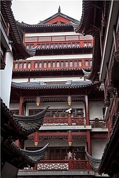 老,上海,红色,屋顶,豫园,反射,中国