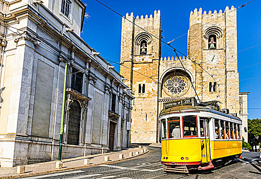 历史,黄色,有轨电车,正面,里斯本,大教堂,葡萄牙
