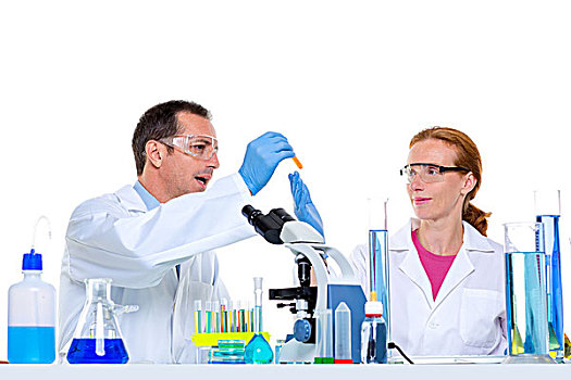 实验室,两个,科学家,工作,试管,长颈瓶,显微镜