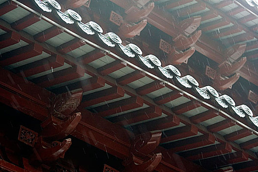 拍摄于亚洲,中国,上海城隍庙,雨中的屋檐,2005年7月