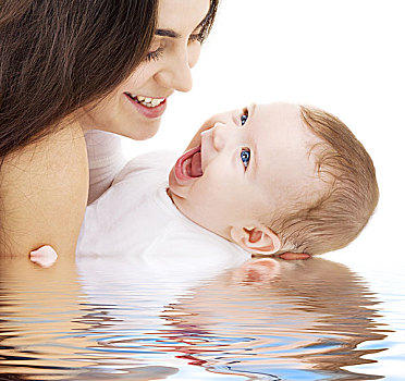 高兴,母亲,婴儿,水中