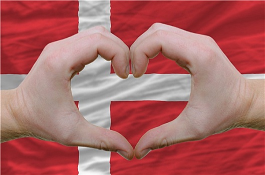 心形,喜爱,手势,展示,上方,旗帜,丹麦,背影