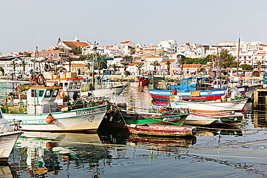 渔船,港口,正面,乡村,教堂,拉各斯,阿尔加维,葡萄牙