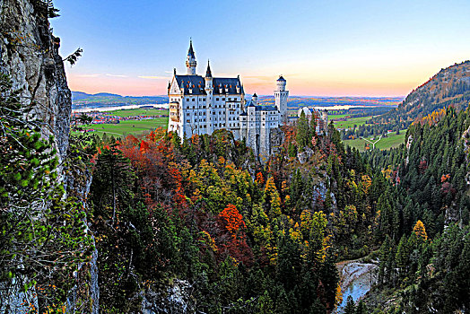 城堡,新天鹅堡,靠近,旧天鹅堡,浪漫大道,巴伐利亚,德国,傍晚