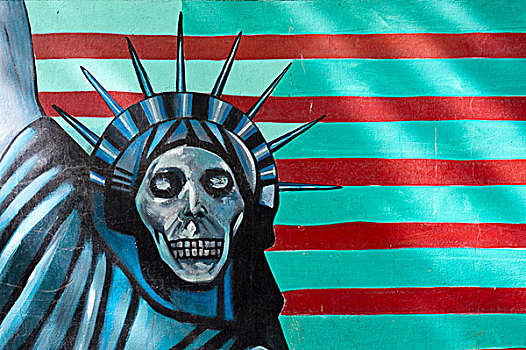 涂鸦,墙壁,象征,自由女神像,头骨,脸,大使馆,美国,德黑兰,伊朗,亚洲