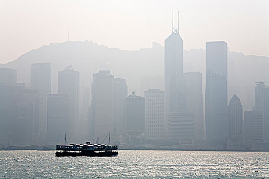 船,海中,摩天大楼,背景,维多利亚港,香港,中国