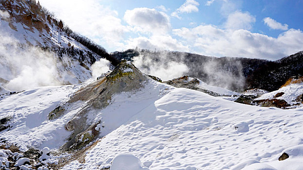 温泉,雪,山,雾气,冬天