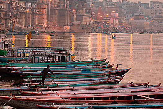船,堤岸,恒河,河,彩色,日出,瓦拉纳西,印度