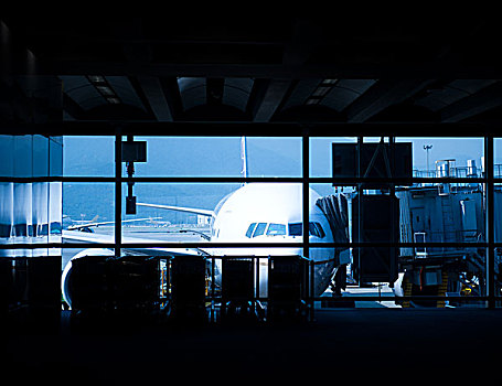 停放,飞机,香港,机场,大门,窗户