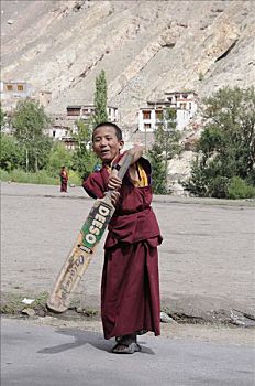 佛教,孩子,僧侣,板球拍,北印度,印度,喜马拉雅山