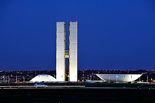 国会,建筑,夜晚,建筑师,奥斯卡-涅梅耶,巴西利亚,联邦,巴西,南美