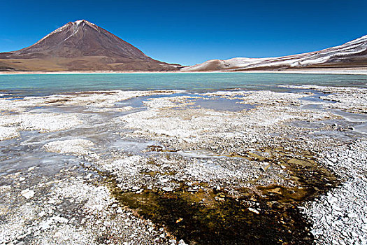 泻湖,存款,岸边,雪,山,靠近,乌尤尼盐沼,高原,边界,玻利维亚,智利,南美