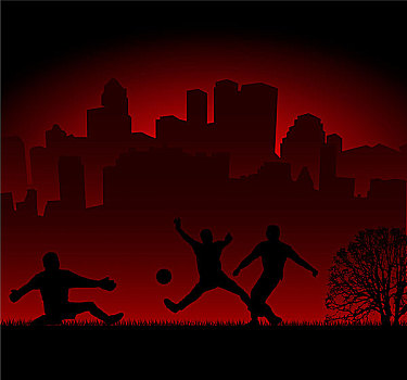 三个,青春,玩,足球,城市天际线,红色,发光