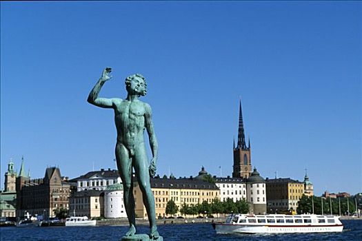 雕塑,市政厅,背景,骑士岛,斯德哥尔摩,瑞典,斯堪的纳维亚