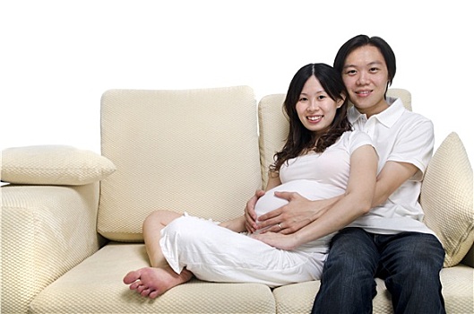 亚洲人,情侣,丈夫,8个月,怀孕,妻子,坐,沙发