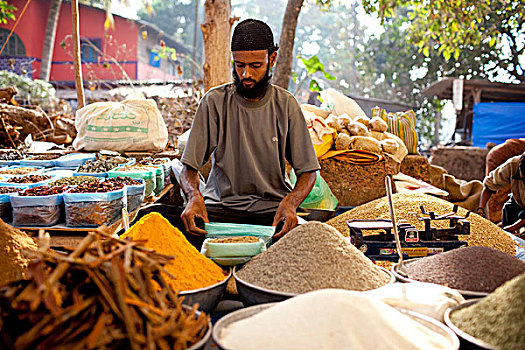 摊贩,坐,干燥,农产品,市场,果阿,印度
