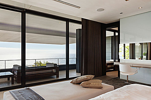 现代,卧室,露台,远眺,海洋