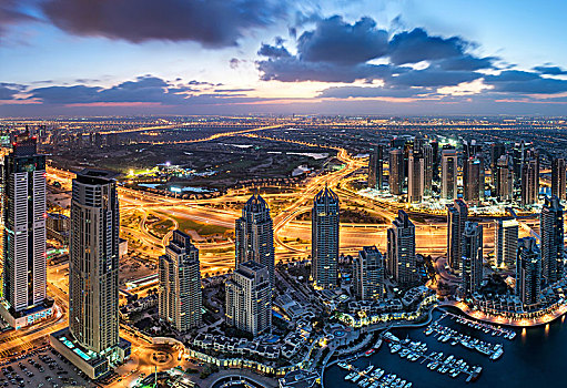 航拍,城市,迪拜,阿联酋,黄昏,摩天大楼,码头,前景