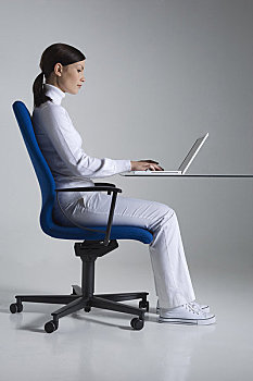 坐,女人,书桌,人体工程学,椅子,使用笔记本,电脑