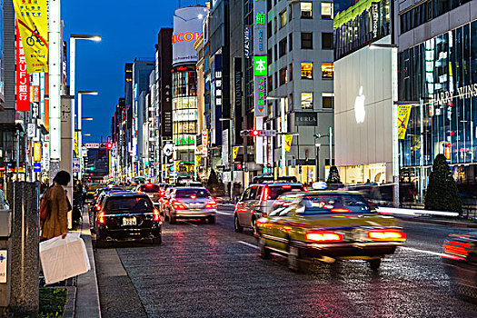 交通,光亮,购物街,银座,黃昏,东京,关东地区,日本