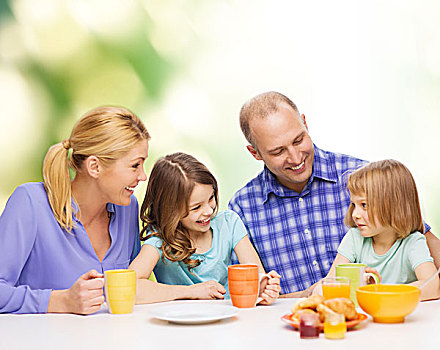 家庭,孩子,人,概念,幸福之家,两个,吃早餐,在家